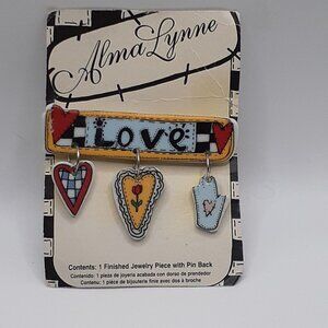 Vintage Brooch Ceramic Dangle Love Hearts Valentines Day 1997